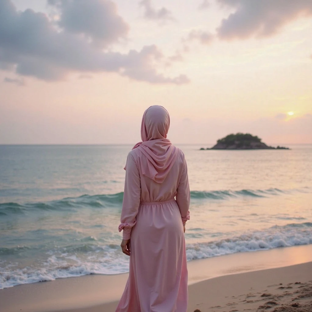 a 17 year old woman wearing a hijab gracefully, walking on a very beautiful beach, with various roses, some roses blooming on the beach, the texture of the roses looks original, Indonesian mountain background, 4k photography, connection, evokes joy, beach view, amazing photo quality, 1024×1024