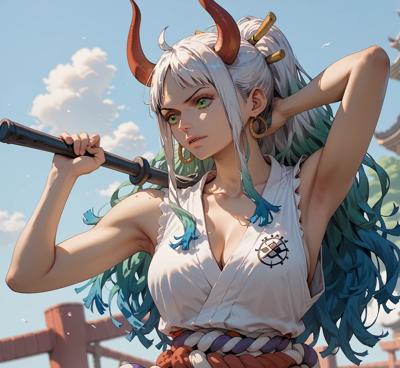 text, Highest quality, masterpiece, 4K, Absurd resolution, Ultra-high resolution, 8k, Actual, Realistic, Bright colors, Bokeh, Vibrant color palette, Great studio lighting, Very detailed, Detailed eyes, Detailed skin, Detailed Hair, Detailed face, Detailed fabric, BREAK, YamatoV2(one piece), sexy Pose, Perfect body skinny, Fine and beautiful eyes, Beautiful Lips, Highly detailed face, Long eyelashes, sexy, horn(Wrapping , Left and right pair, multicolo Red), large breasts , Cleavage, Slim waist,, Confused expression, torn old clothes, Loincloth, Hands in chains, Very detailed, Bright colors, ,The clothes are see-through , full-body, dynamic angle, (background is Red light district )