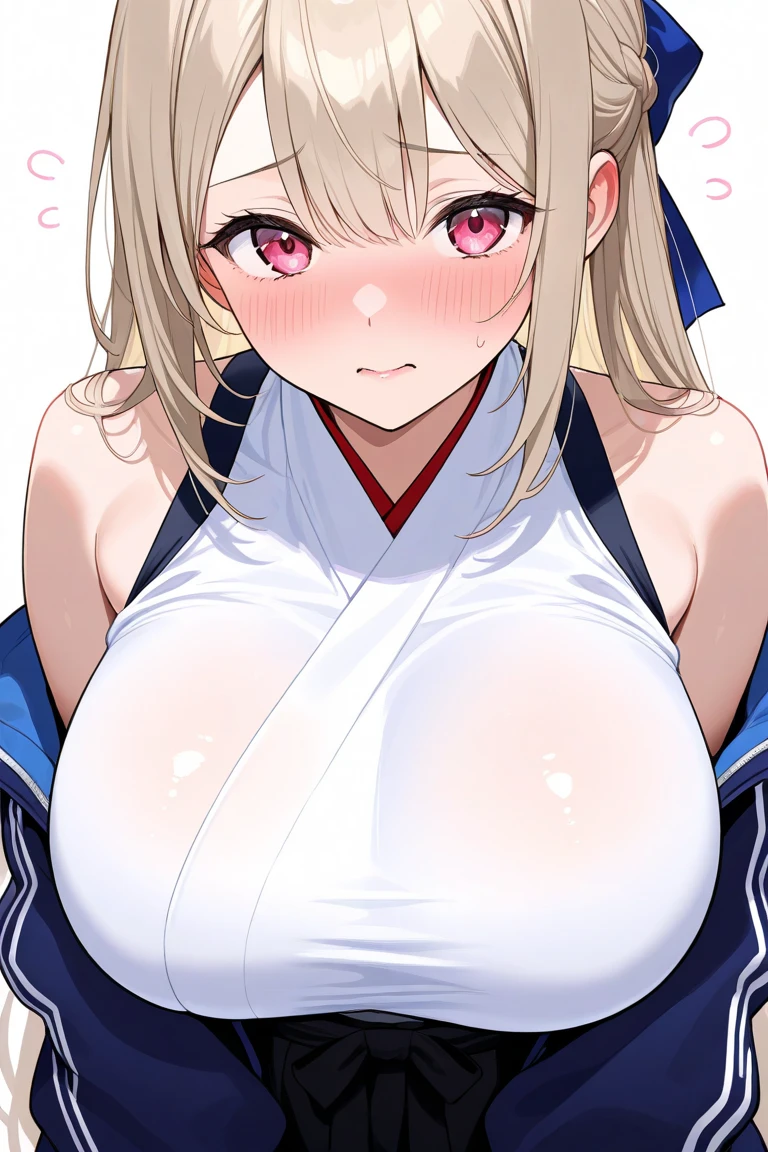 Hiiragitsumugi, Lavender Grey hair, long voluminous hair, brownish yellow eyes,11years old , large breasts, solo, nsfw, nipple, 食べ歩きをしてる