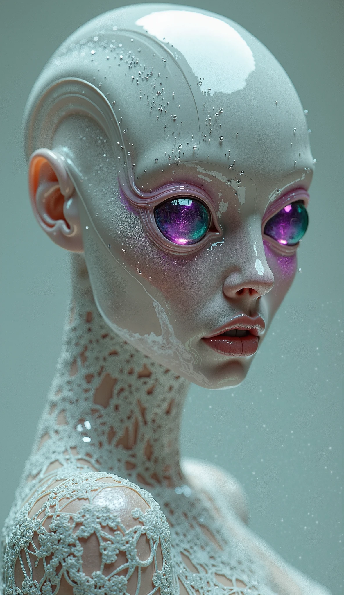 There is a white alien with purple eyes and a lace dress - SeaArt AI