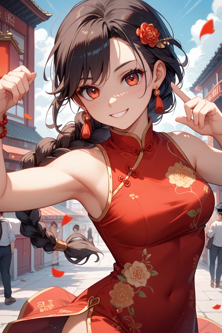 (Official art、Best Quality、Unity 8k Wallpapers、32K、masterpiece、ultra-detailliert、超A high resolution、realisitic、Photorealsitic:1.2)、(Cinematic lighting:1.2)、Fireglow effect、film grains、Best Shadows、Rim lighting、side lights、sideshot、(Ultra-detailed and complex 3D rendering)、Detailed beautiful face and eyes、A slender、Medium bust、(Full body:1.2)、 Highly detailed background、Chinese Restaurant、beauitful face、blurry backround、a beauty girl、(super detailed skin、detailed skin textures:1.3)、Black hair、short-hair、braided ponytails、Blue eyes、Red cheongsam with gold thread embroidery、Wearing high heels、Floral hair ornament、Gentle smile、(thighs thighs thighs thighs:0.9)、(kung fu pose:1.2)、dynamicposes、
