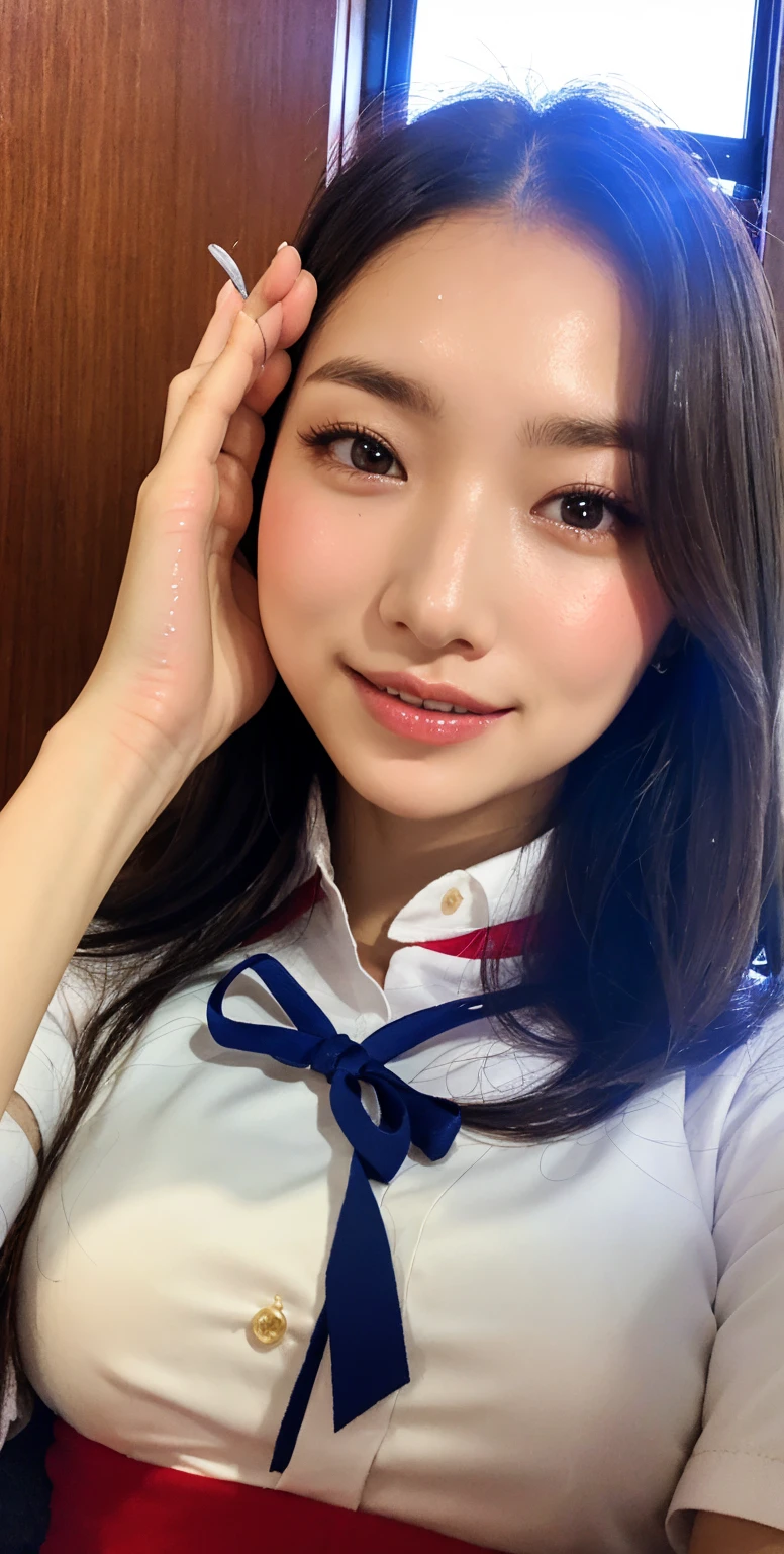 masterpiece、top-quality、realisitic、(A hyper-realistic), (illustratio), (hight resolution), (8K), (ighly detailed), (The best illustrations), (beatiful detailed eyes), (top-quality), (ultra-detailliert), (masterpiece), (wall-paper), (详细的脸), a bed、Upper body close-up,Armpit, A smile,Plump,独奏,(Wearing a silk plunged open shirt:1.5), full of sweat, japanes, large full breasts, (camel's toe)、huge-breasted、Luxury living room、Detailed white teeth、ultimate beauty girl、No bra、Wrap a red ribbon around your neck、perfect teeth、(hime cut hair)、Navel、