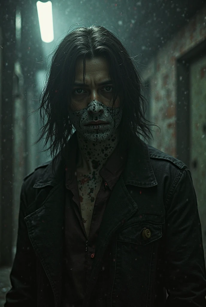 Zombie, male, middle-aged, decay, green skin, dirty whole body, very tattered clothes, looking at smartphone screen, touching smartphone, dirty skin