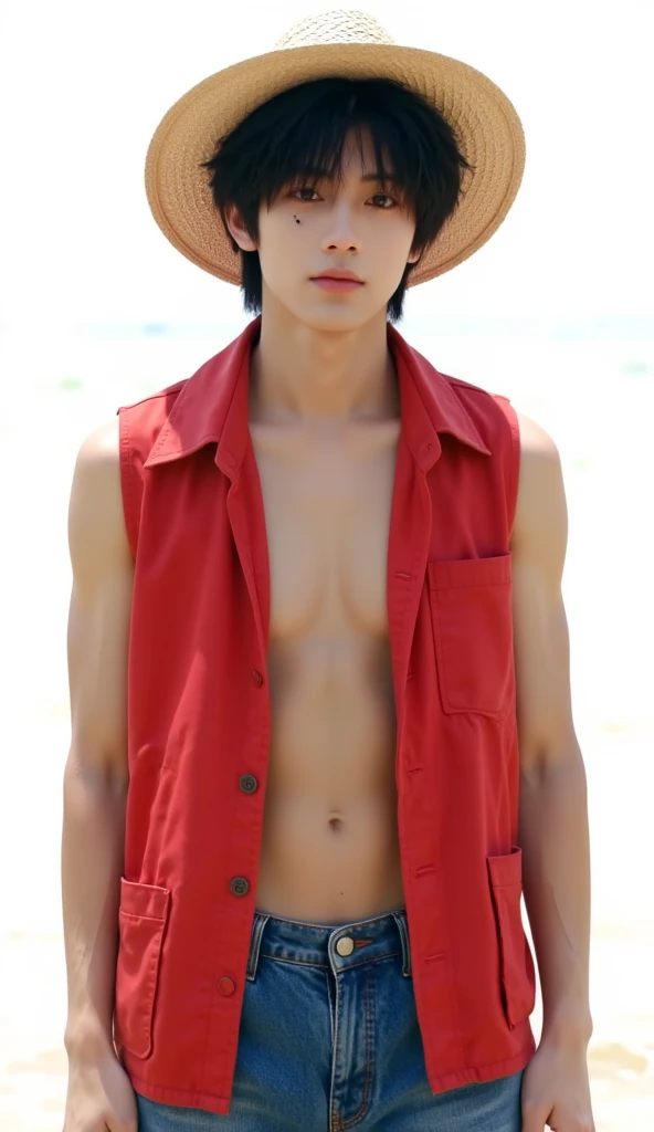 Best quality, masterpiece, ultra high res, (photorealistic:1.4) a (male:1.4), detailed skin, detailed eyes, shiny skin, Teen Monkey D Luffy, detailed fullbody, detailed outfit, detailed face, Inaki Godoy actor as monkey d luffy, One Piece Netflix, red long-sleeved shirt, blue shorts, straw hat, sandal, Inaki godoy, background pirate and sea