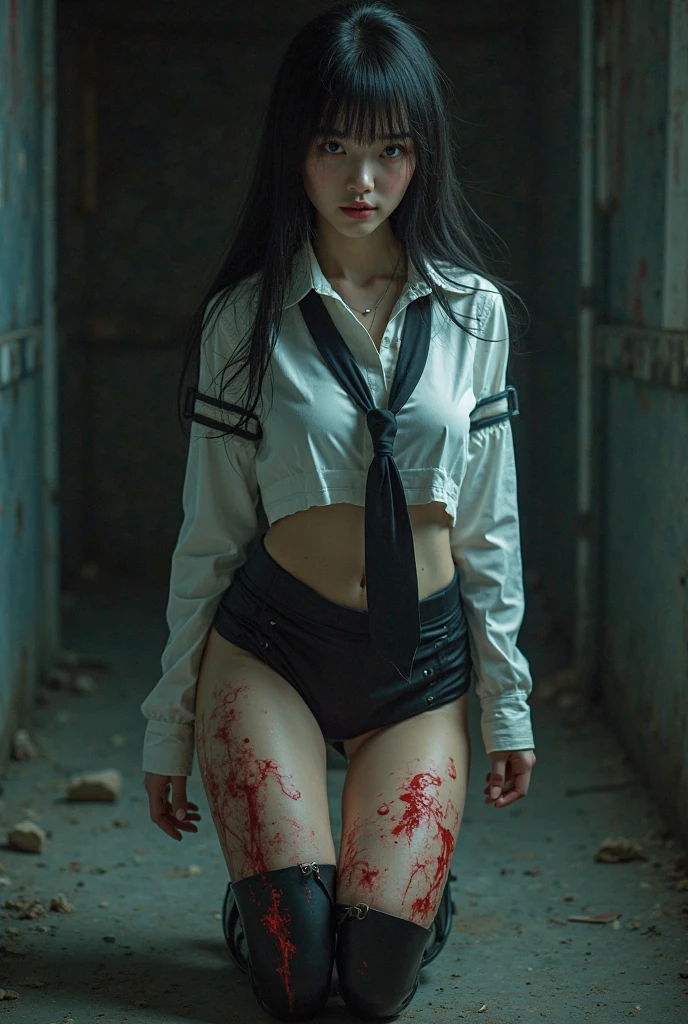 A girl in school uniform with abdominal muscles was beaten violently,Abs are pronounced,Abdominal muscle injury and bleeding,covered in wounds,covered in blood,Expression of pain