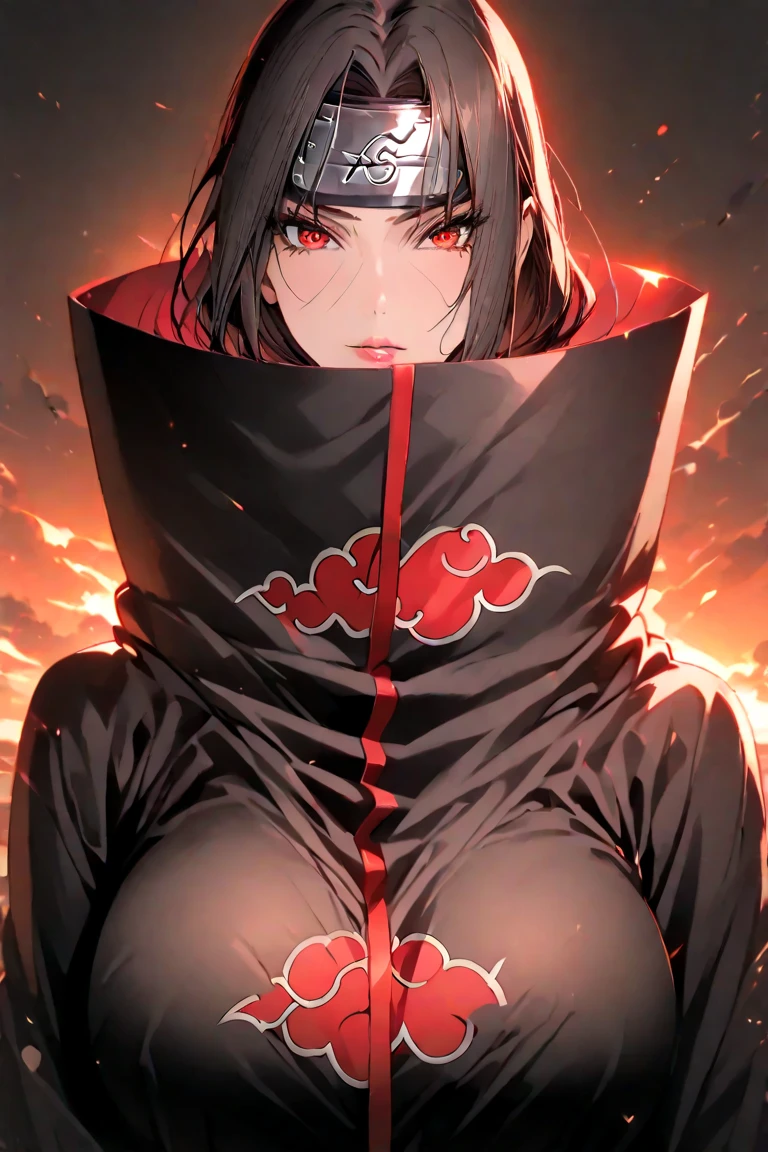 ((((cinematic look)))), soothing tones, contour light, detailed eyes, bokeh background, high quality, female itachi uchiha, ((genderbender)), black eyes, female, solo, konohagakure, full body, sexy attire, big brest <lora:naruto_uchihaitachi-10:0.6>