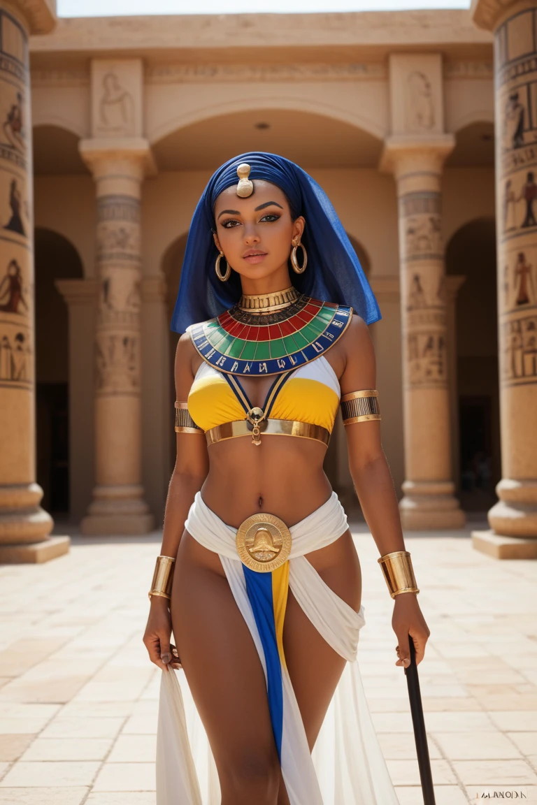 A vibrant depiction of ancient Egypt 4,000 years ago, featuring pharaohs under umbrellas for royal sun protection.