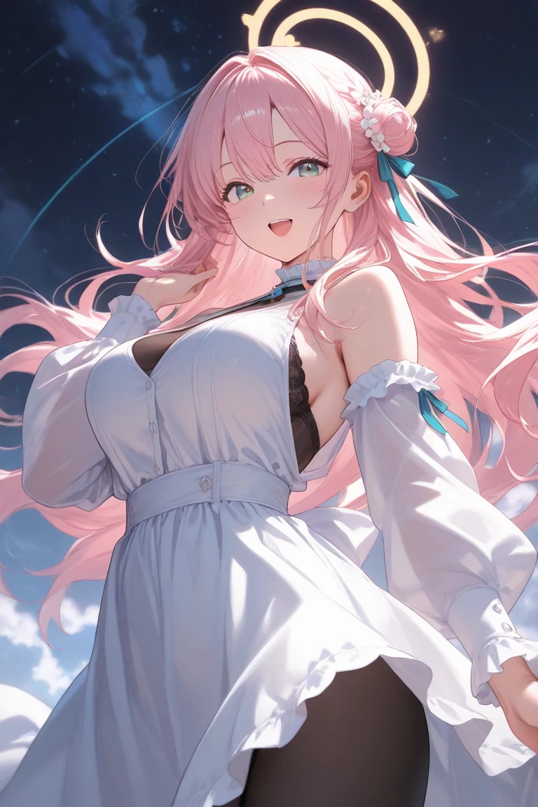 Masterpiece、Highest quality、Super detailed、1 girl、Light pink hair、Fluffy and soft long hair、Starry Skyのような瞳、Big Tits、Cleavage、Too big breasts、Maid clothes、Cafe、Wide open chest、Belly button、Starry Sky、smile