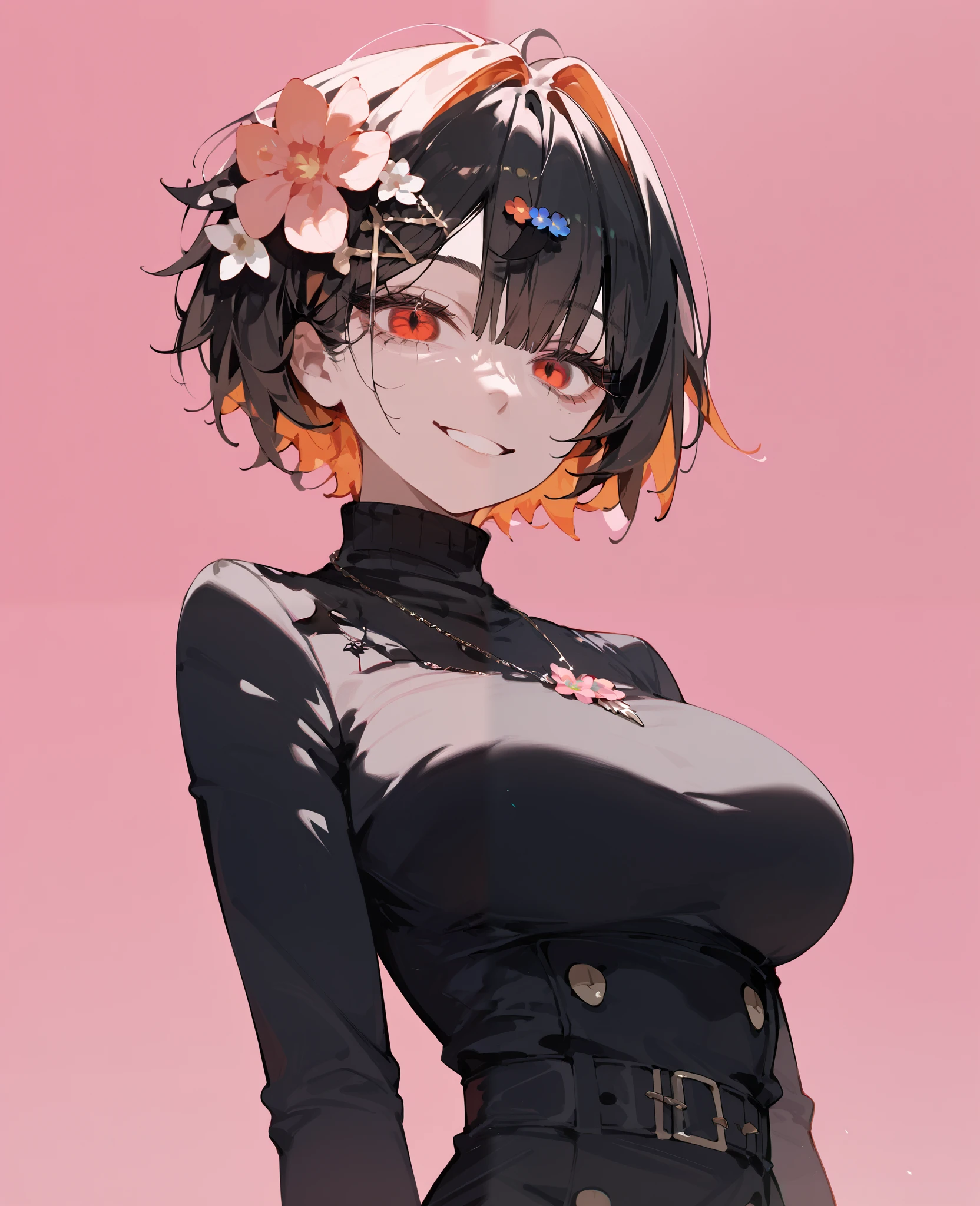 girl,orange hair, multi colour hair,black hair,in red eyes,for short hair, Tomboy,black dress, ghoul eyes, light pink background ,big breasts,Flower Hair Ornament, Straight Line,Put on a military necklace, turtleneck ,smile
