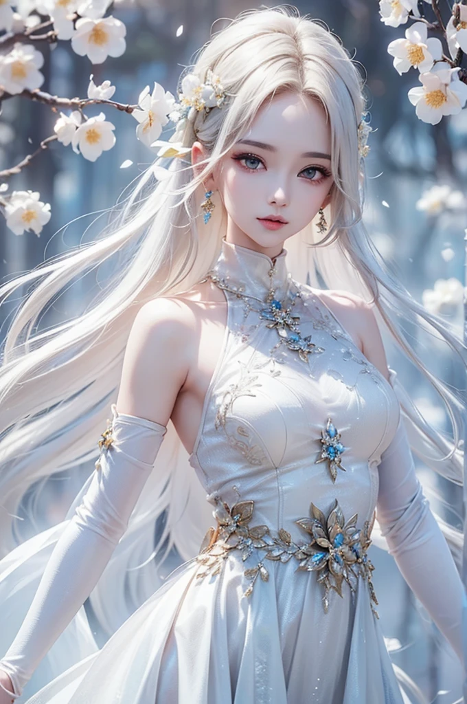 ((From the waist up))((masterpiece:1.5、8k、Portraiture、Photorealistic and very detailed CG、Very detailed、Particle Effects、Dynamic Effects、Written boundary depth、Cinematic Light、Lens flare、Ray Tracing、Tabletop、Realistic:1.4、Ultra-high resolution:1.2、Realistic、Realistic))((alone、woman wearing a halter neck dress:1.4、Model-like pose、medium breasts、Detailed face、brightexpression、young, bright, Whiter skin、Best Looks、Ultimate beauty、Shiny silver hair with highlights:1.8、bright and shiny hair,、Super long, Silky straight hair、Hair swaying in the wind))(Wonderful transparent flowers々Surrounded by、White Background、Great background、Delicate petals fluttering down)
