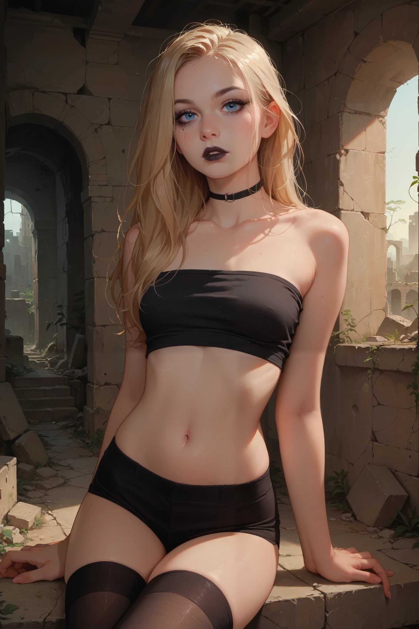 score_9, score_8_up, score_7_up, score_6_up, 1girl, crop top, mascara, black eyeliner, black lips, choker, black shirt, collarbone, solo, long hair, looking at viewer, blue eyes, indoors, ruins, stone wall, Topless, bottomless, stockings,