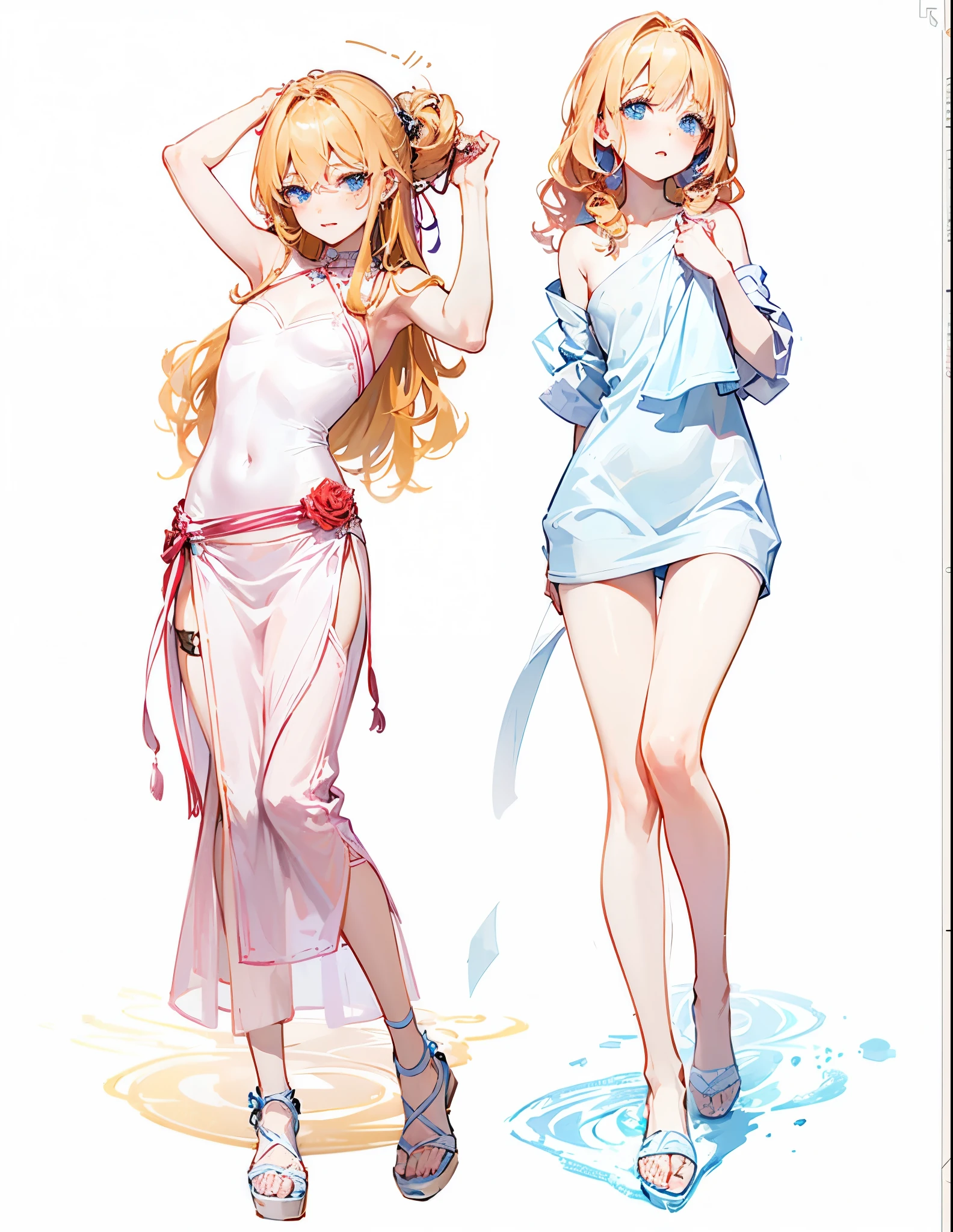 Dynamic posing, dynamic angle, Arrange pose,Top quality work，Show Legs，sexy, ((wavy hair, pale skin, long light ginger hair),((light blue eyes)), freckles, 16 years old, Rose cheeks, Pretty cute Face, A perfectly proportioned face，full-body view， amazing, small round chest、Beautiful eye details、Beautiful eyelashes、beautiful double eyelid, with blush cheeks, 