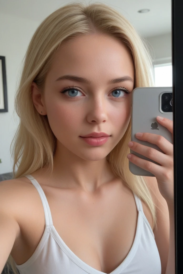 ((best qualityer)), ((Selfie)), (detailed with great realism), (1 white girl), (Latin facial features),(minimal imperfections on the face, to appear more human), (some freckles on the cheeks),( a little less shine on the skin to make it more realistic), (dark blonde hair), (honey brown eyes), (dressed in a white top)