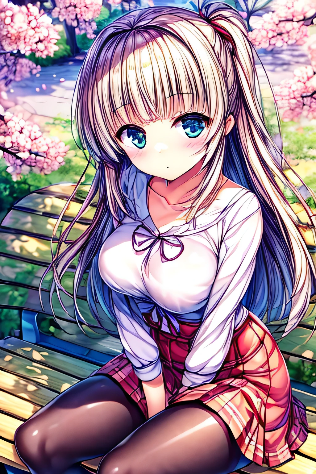 girl, Cherry Blossom Petals, Cherry Blossom Petalsが舞う, spring, Cherry blossom trees, sit on a bench, Japan , (springの私服), white blouse and denim skirt, ((blunt bangs, straight across her forehead, hime cut)), Shiny and shiny thighs, Shiny and shiny skin, black tights under the skirt, big eyes with highlights
