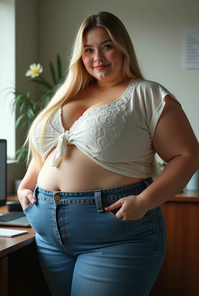 Femme très grosse, assise dans des coussins, Makima, bbwchan, cheveux rouges et yeux jaunes, double menton, elle touche son gros ventre mou et rebondi. Elle porte un short en jean et un haut en dentelle, belle lumière sur elle, magnifique femme obese