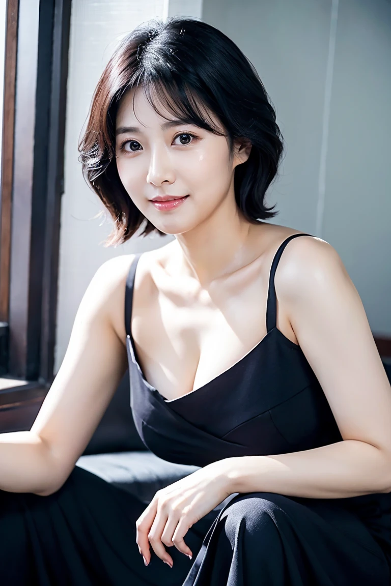 Dressed, (photographrealistic:1.4), (Hyper realistic:1.4), (Realistic:1.3), (Smoother lighting:1.05), (increase cinematic lighting quality:0.9), 32K, 1girl in,25-years old, Realistic lighting, Backlighting, Light on Face, raytrace, (Brightening light:1.2), (Increase quality:1.4), (Top quality real texture skins:1.4), finely detailed eyes, finerly detailed face, (tired and sleepy and joy:0), (Laugh:1.4), Black Suit,a necklace, (Increase body line mood:1.1), (Increase the beauty of skin texture:1.1)