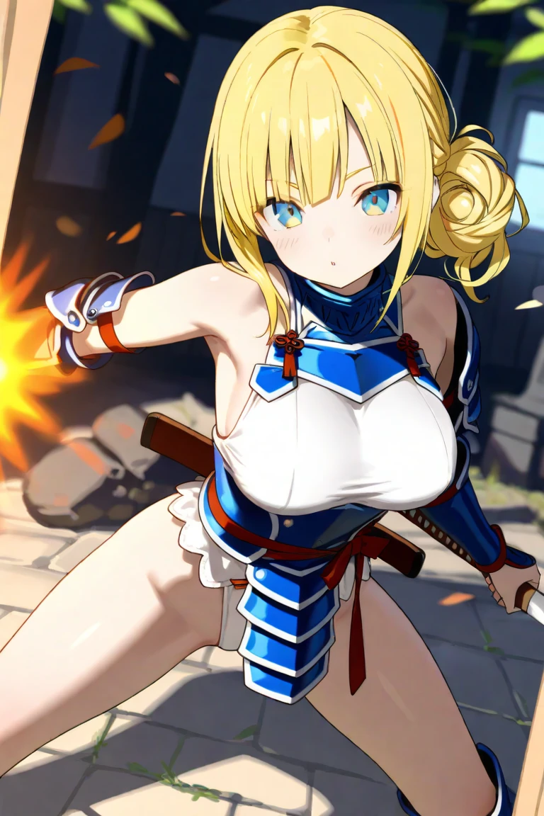 LeinaQuiron woman, 1girl, solo, breasts, blush, blue eyes, blonde hair, large breasts, cleavage, braid, hairband, armor, twin braids, side braid, short hair with long locks, buckle, shield BREAK (masterpiece, best quality:1.3), 4k, ultra-detailed, trending in pixiv BREAK (in the gladiator arena:1.4), (fighting pose:1.4), smile, (sweat, shiny skin:1.2)