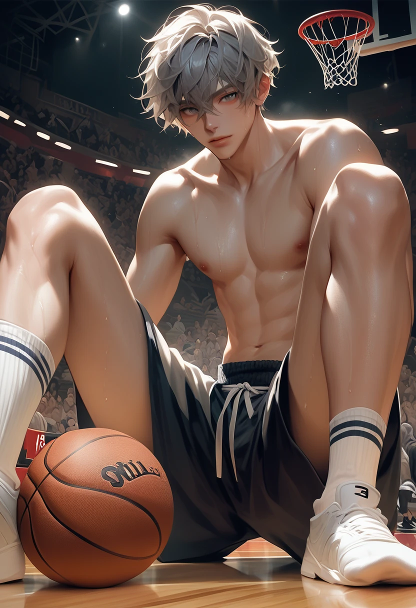 shirtless, super muscular, sweat-drenched body, dripping with sweat, 22-year old short black hair handsome caucasian male wearing sweat-drenched white basketball shorts and rubber shoes, panting, sitting on the bench, very exhausted, drenched with sweat, bottled water, in the locker room