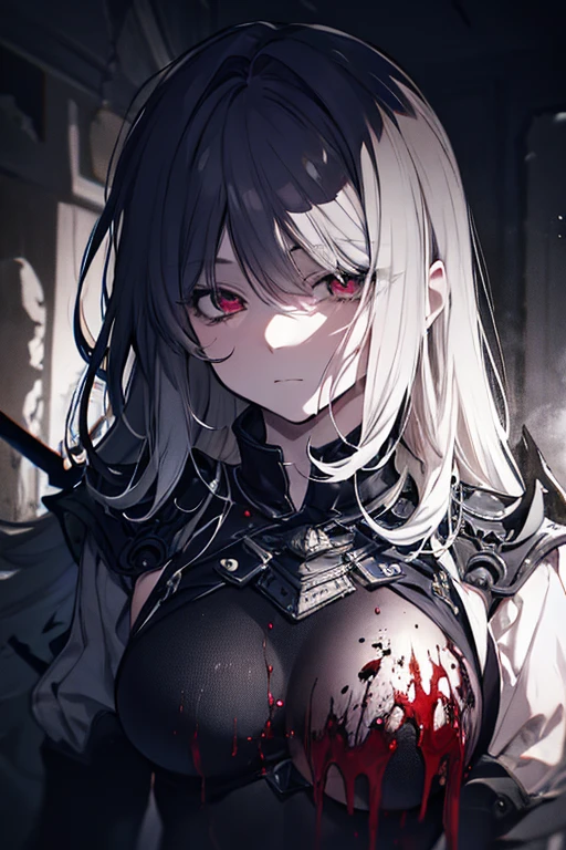 masterpiece, best quality, 1 girl, supine, standing in the middle of the forest, pale skin, messy hair, golden eyes, glowing eyes,silver hair , creepy, creepy smile, crazy expression, blood on face, blood on clothes, sexy clothes, creepy, scary, blood, horror, light particles, night, iron bracelets with chains