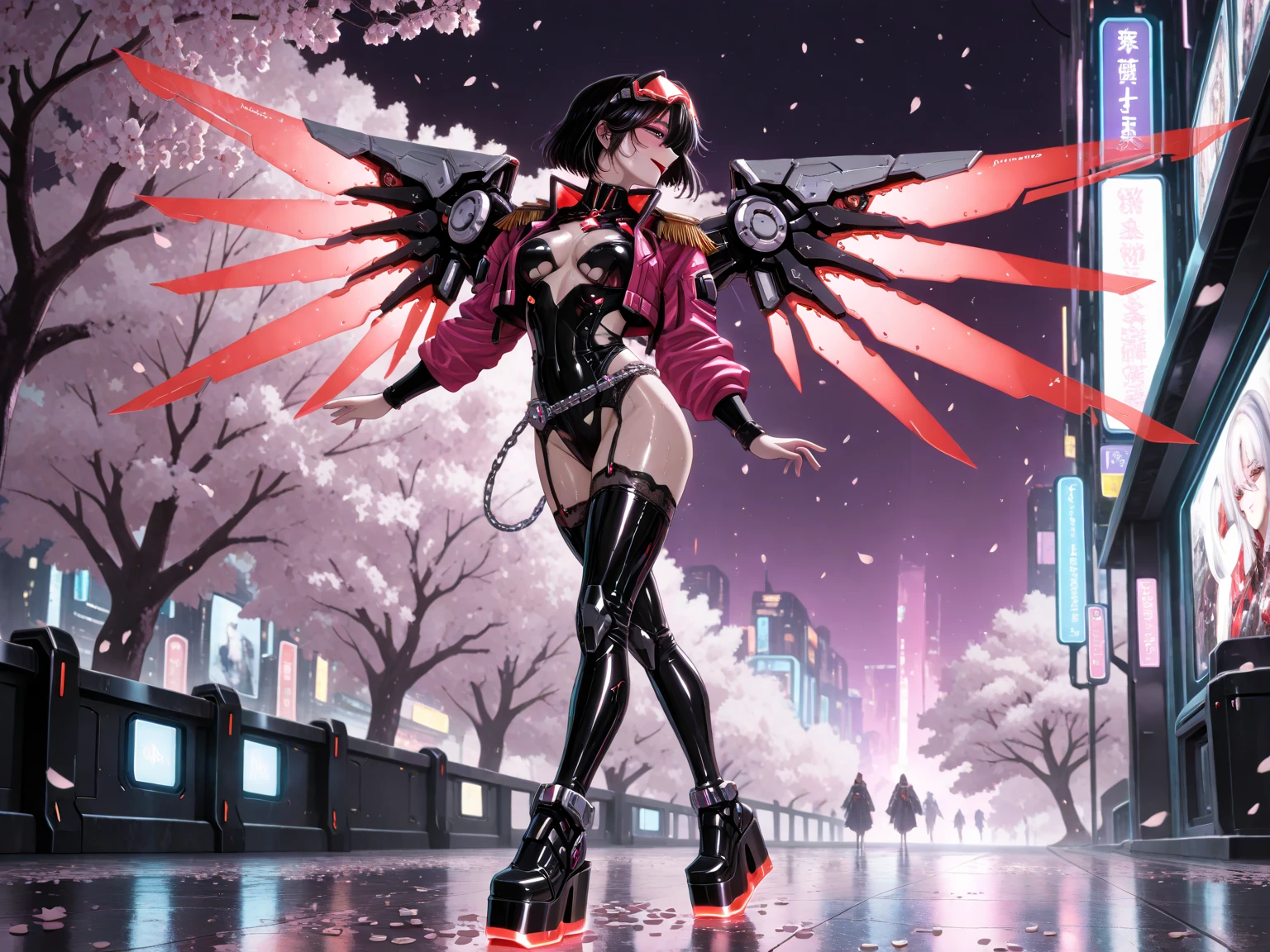 A highly detailed portrait of a solo 1girl standing on a street corner, during a rainstorm with lightning strikes and a cloudy sky, neon and cyberpunk background, she is wearing punk clothes with silver chains and silver spikes, wearing round glasses, Big breast,she has a butterfly wing hairclip in her wild hair, she has headphones and a necktie on, petite, detailed glowing red eyes with distinct pupils, ominous aura Halo, smile, punk, cyberpunk, backlighting, masterpiece, best quality, intricate detail, absurdres, chromatic aberration, depth of field, soft lighting, tone mapped, highly detailed, artstation, concept art, smooth, sharp focus, dramatic lighting, vampire queen, highly detailed artwork, pink lightning, cinematic, trending on Artstation, 8K, incredible shadows, (highly detailed background:1.0)