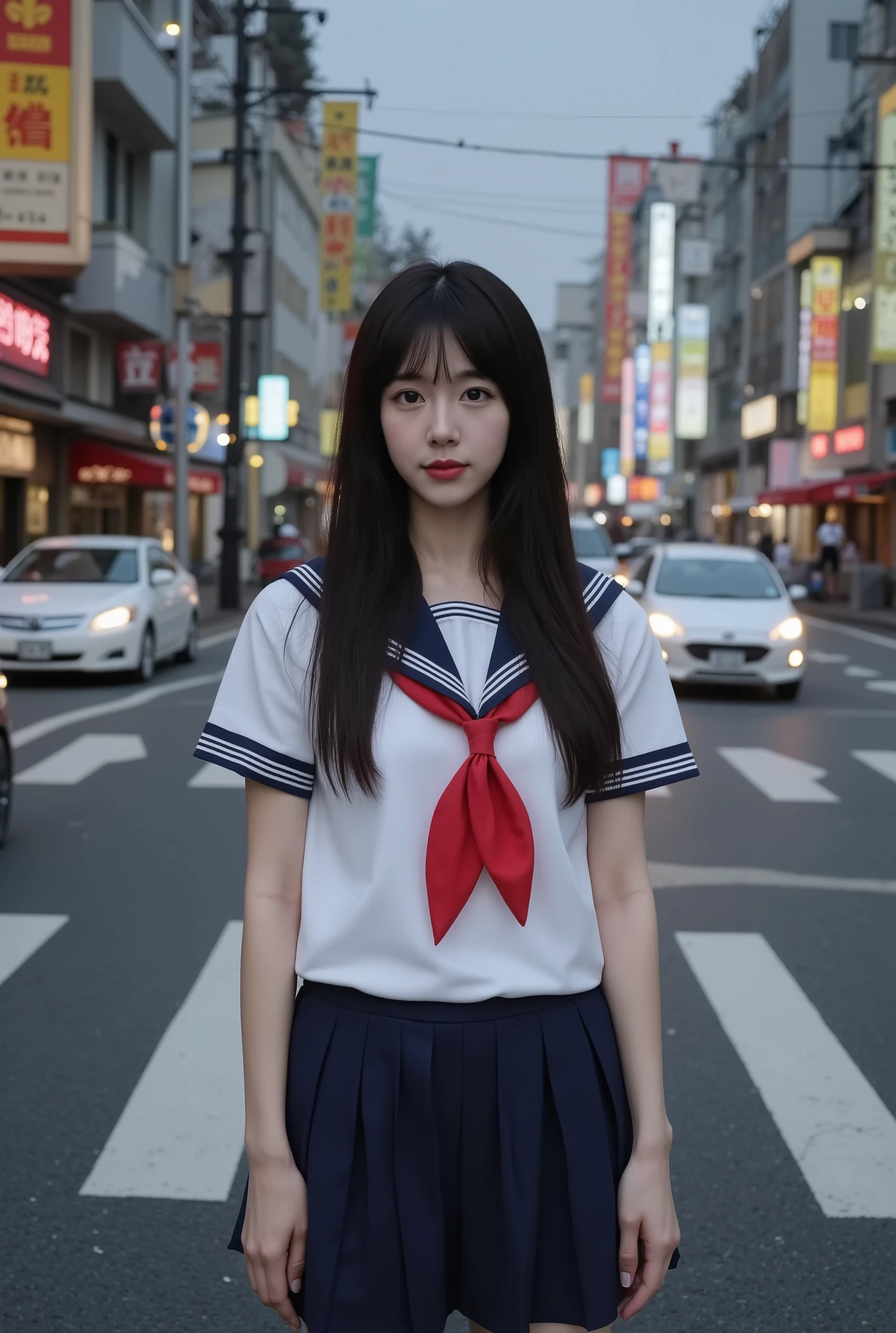 Long haired Japanese woman。Hair is black。Black eyed 。ruddy skin。I'm 18 years old and I'm looking at this wearing a sailor suit。full body view。slightly embarrassed。Downtown in the evening。there is little traffic。