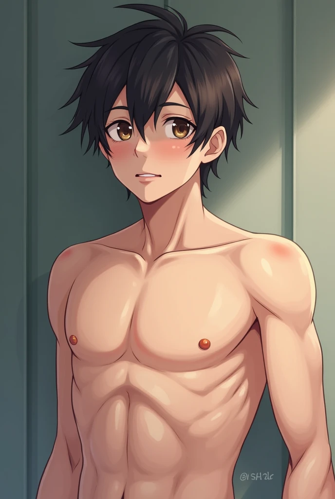 Highres, Masterpiece, Best quality at best,Best Quality,hight quality, hight detailed, Anime style, 1boy, Shota, young boy,black hair, Slim body, messy hair, look at viewer, Shirtless, Bare shoulders, bare chest, lactating, lactation, breast milk,  simple beckground, (very young boy), (very small and short body), simple beckground, hansome boy, Uhd, bokeh, sweat