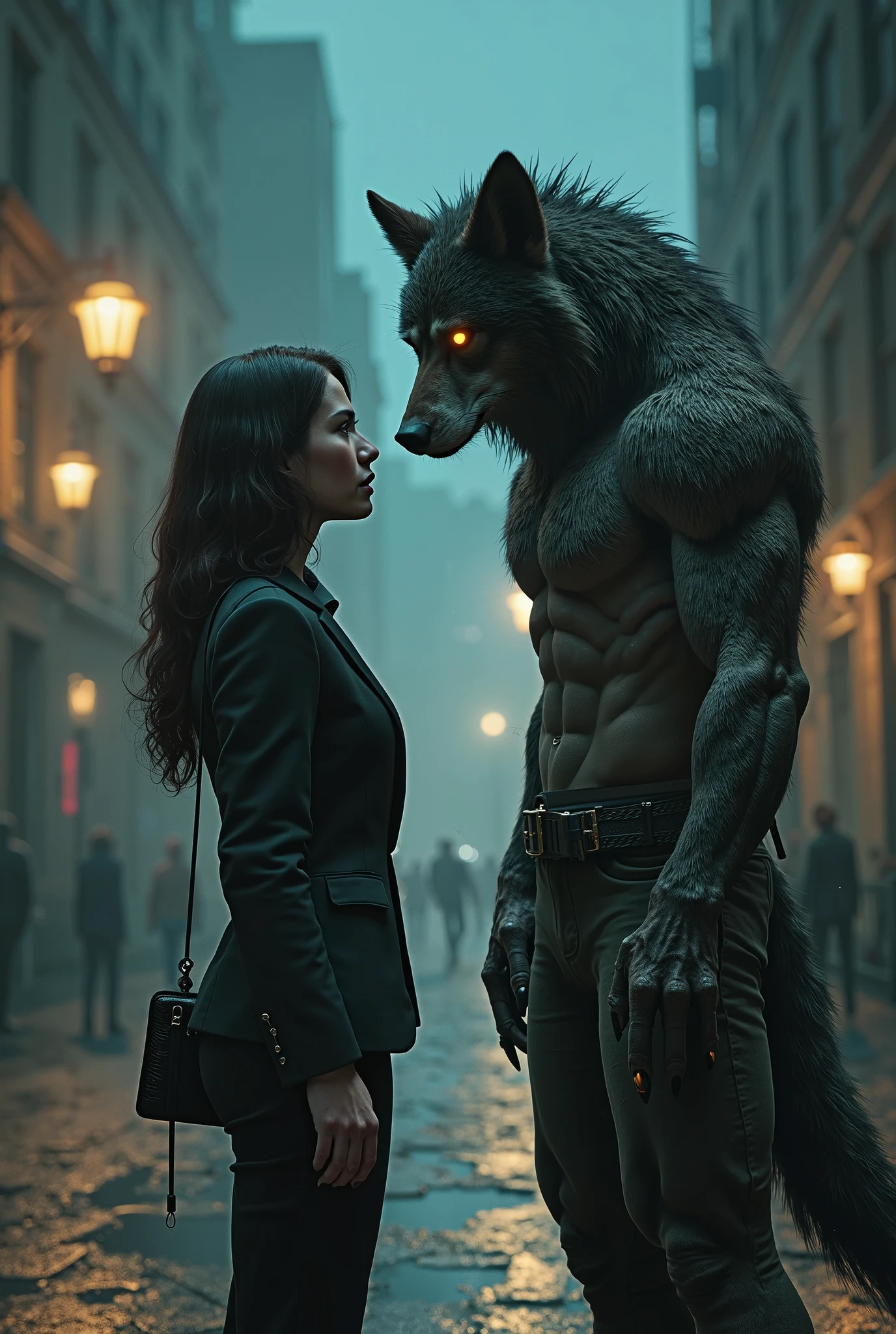 A muscular tattooed humanoid wolf cutting a person's hair