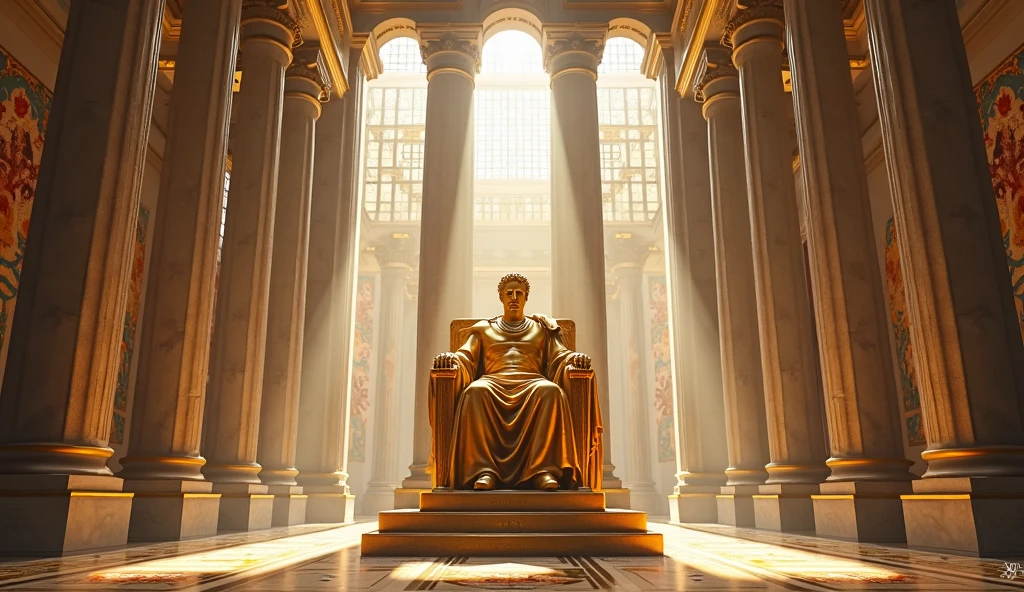 Statue of Zeus in Olympia. The statue is sitting on a throne, holding the 'Thunder Bolt' in the right hand, which is lifted upwards and the left hand is resting on the left side of the throne (Must show the Thunder Bolt). A statue of an 'Eagle' is placed, perching on Zeus's left shoulder. The entire statue is polished like a mirror, reflecting the surroundings. The statue is placed inside a temple of shining white marble, adorned with gold and paintings on the ceiling.