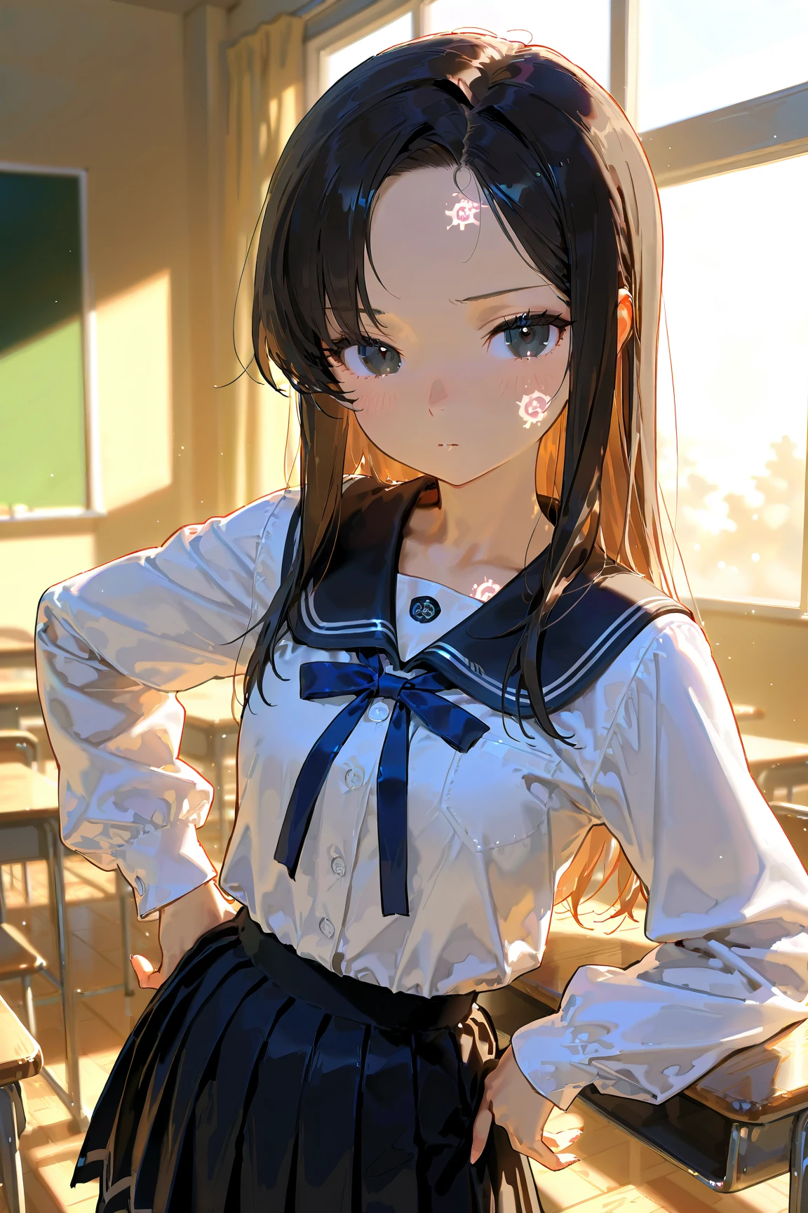 (highest quality、In 8K、32K、masterpiece、nffsw、Super high resolution、Impressionism、Photoreal:1.2)、big breasts、cowboy shot, detailed face and eyes、 inside the classroom、School、sunset、beautiful face、blurred background、16 year old beautiful girl、shiny skin、half up hair、beautiful brown hair、dull bangs、brown eyes、(closed one eye、put your index finger to your mouth:1.2)、sailor suit、pleated mini skirt、curve、(Skirt up、I can see your pants:1.2)、thighs thighs thighs、(Navel exposed:0.4)、dynamic pose