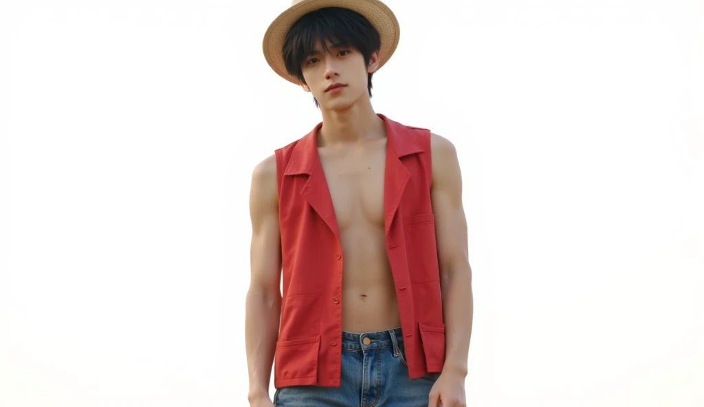 A young man wearing a straw hat, a long-sleeved button-up shirt, shorts, a yellow belly warmer, a little younger, his hair is black, his clothes are red, his pants are blue, his clothes are a little small, the buttons are undone and his belly is visible, his shirt has no collar