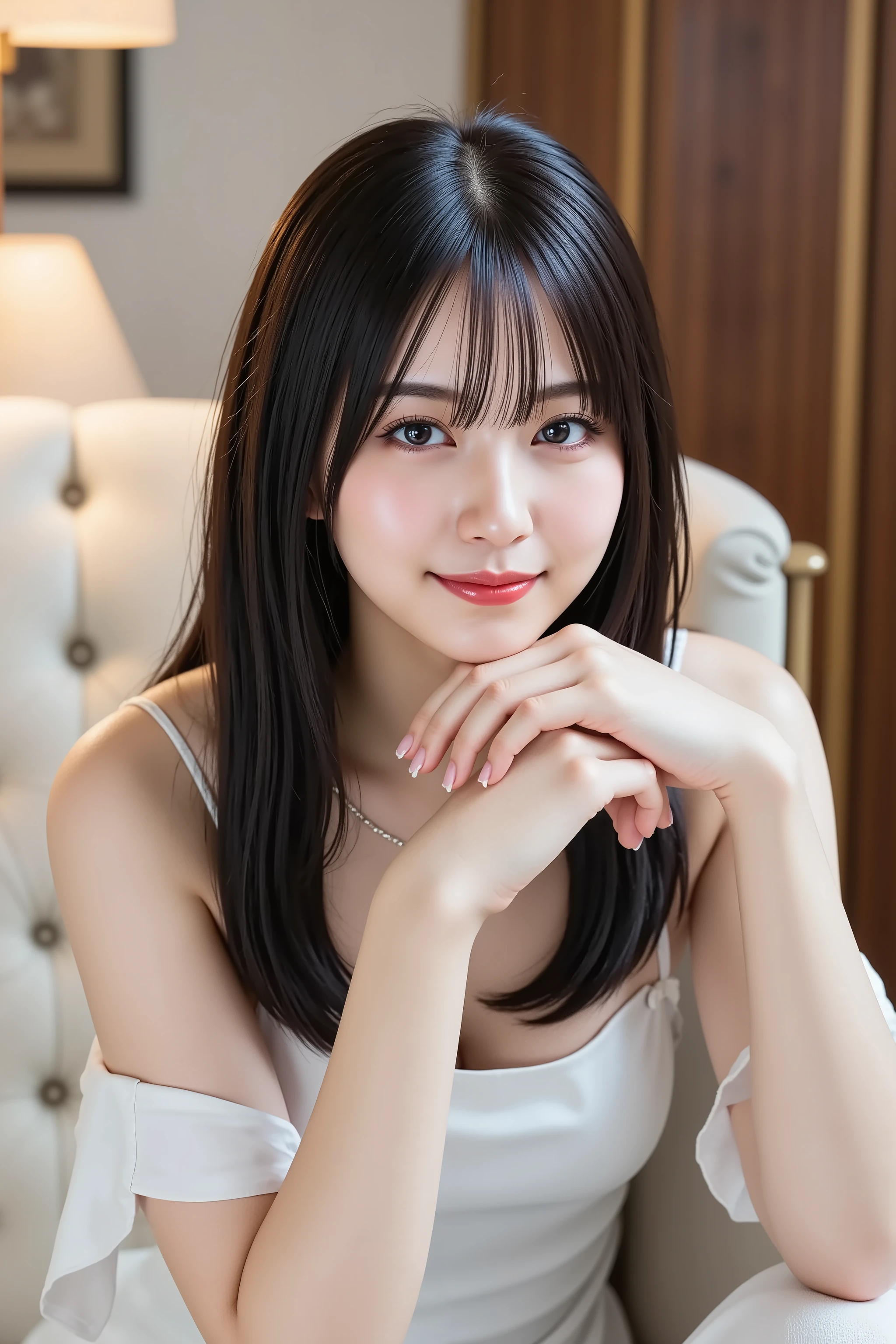 masterpiece, T-whistle, A state where the face is placed in the center,  fine, clean skin、China Dress, sofa background、long black hair, Bangs, smile, 8k, Big Breasts