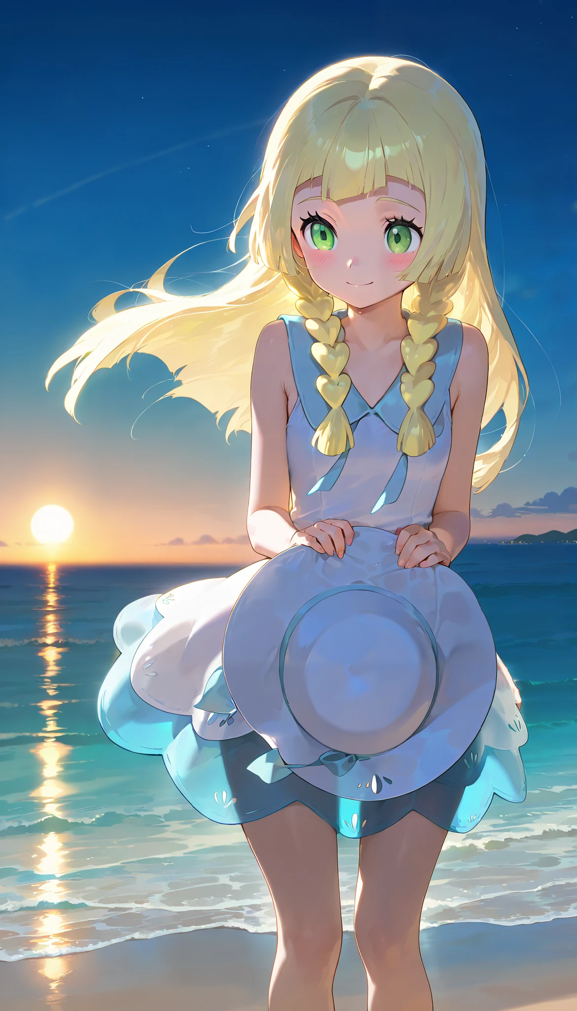 high resolution picture,8k,ultra-detailed, masterpiece, best quality, amazing quality, solo, 1girl,lillie,flat chest,smile,dress,holding hat,beach,sea,at night ,undressing hat