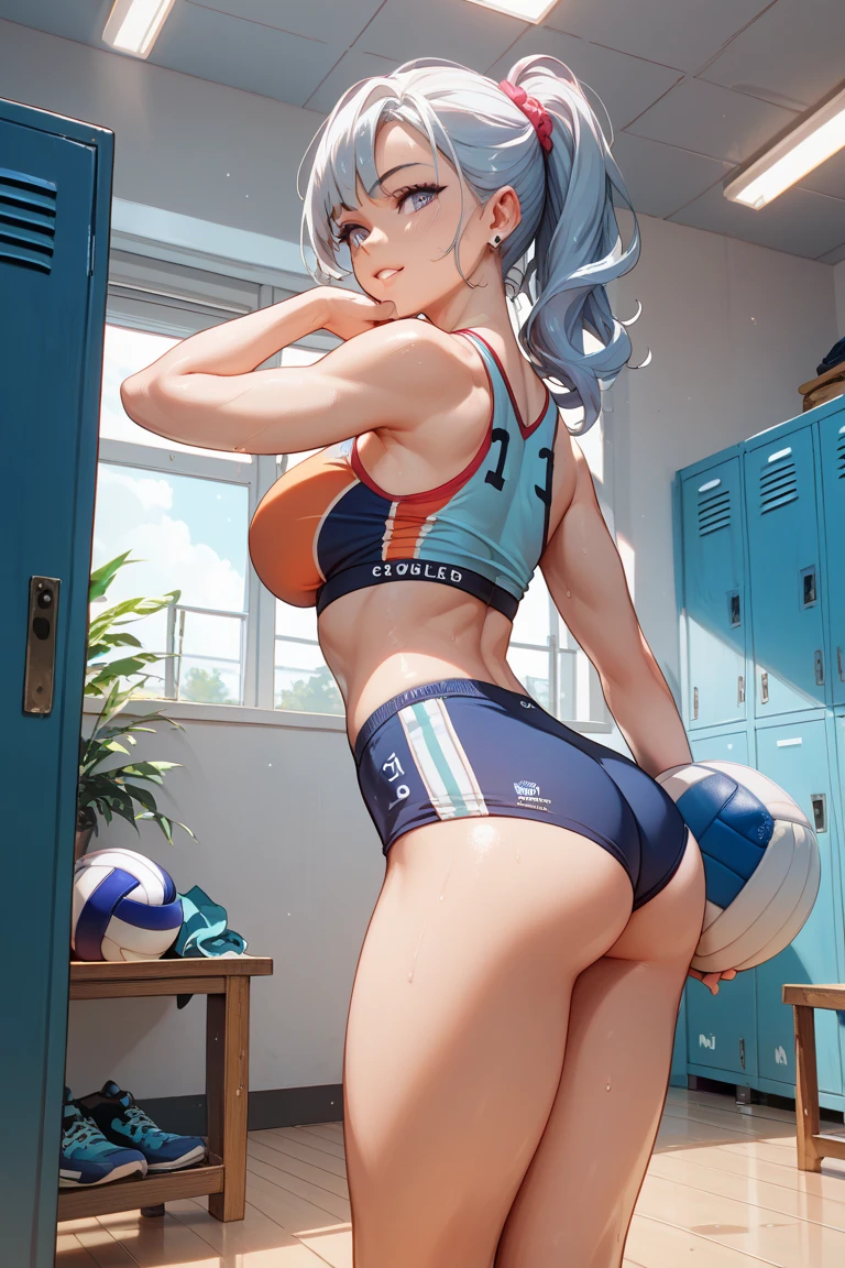 woman, white skin, caucasian, blue hair, wavy hair, long hair, hair parted in the middle, hair with ponytail, athletic body, blue eyes, low-cut leotard, white leotard, sports leotard, sports shoes, Olympic stadium, slight smile, lips blue, standing, small breasts, athletic legs, highlighted nipples, athletic buttocks, buttocks, shot from behind.