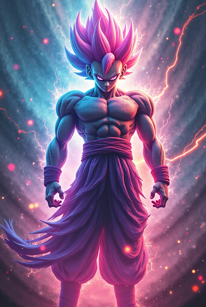 Make a front and back mix of alien x with goku with purple glowing eyes and a purple aura