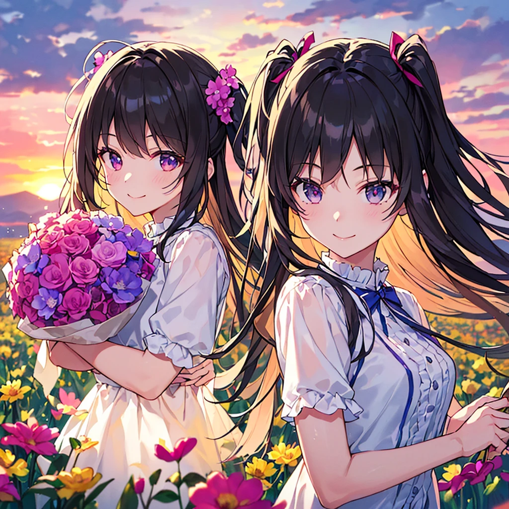 masterpiece, best quality, high quality, extremely detailed, very delicate and beautiful, (1female 18years old Adult alone solo:1.5) , (two-side up long black hair:1.5), bangs to eyebrows, eyes (eyes sharp, strong, glossy, glossy eyebrows), (eye color magenta:1.3), 6.5 head height, (summer dress with canna print:1.3), knee socks,ruffles, (smiling), (walking:1.3), (dynamic pose), (upper body:1.3),(background canna flower field:1.3) , (sunset:1.3)