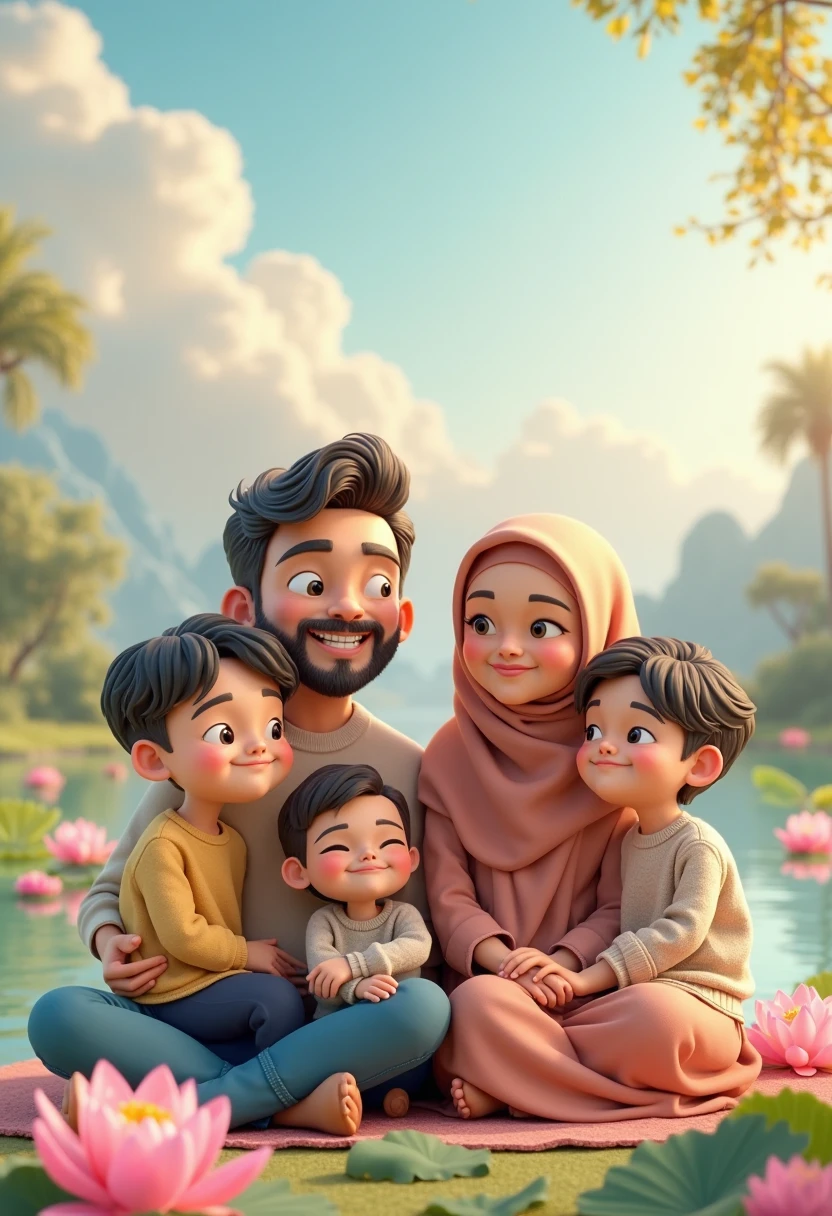My self and my wife and 1 year son in the beach wife should hide hair means she is Muslim give me in 3d high quality cartoon