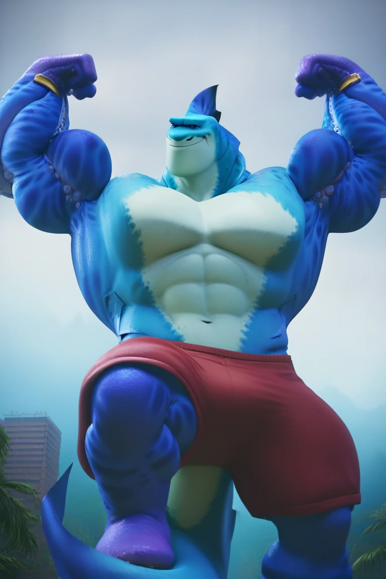 El musculoso James P Sullivan con los brazos cruzados muscular, pervert face , sudadera sin mangas in thong big ass naked, big bulge between legs, con su cola de reptil con un bulto entre sus piernas, showing big ass NSFW