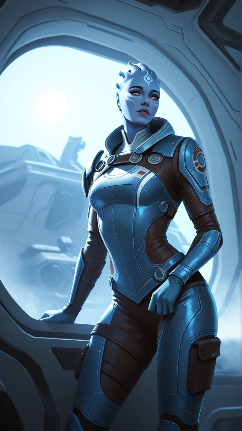 absurdres, 1girl, asari, blue_skin, close up, sci-fi complex clothes, starship cabin, cyberpunk, looking into the camera, (anime), window into space