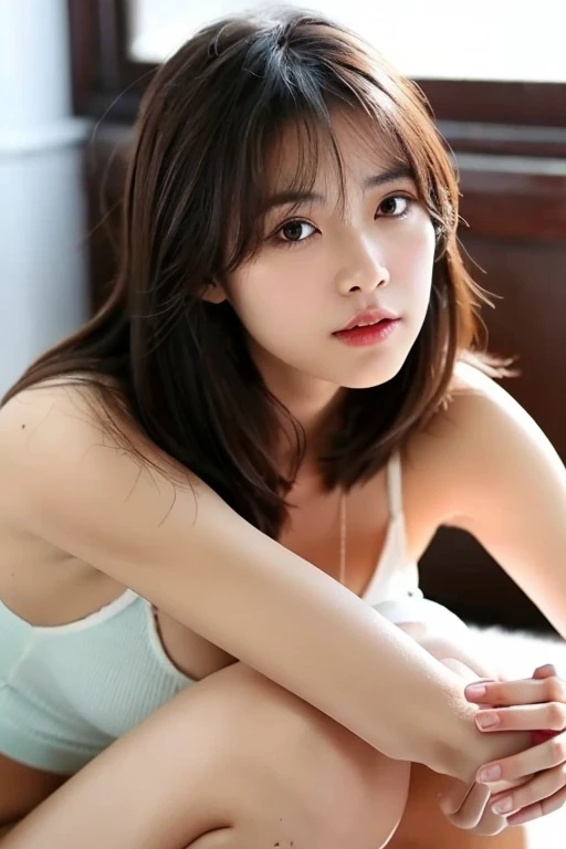 (8k、RAW Photos、Highest quality、masterpiece:1.2)、((Smiling with teeth showing、Caramel colored hair、Short Hair:1.3))、((naked、Nipples、pubic hair、Large Breasts))、(Realistic、Realistic)、1 girl、(naked、Old Japanese-style room、On the bed、Sleeping facing up、moonlight、night、smile))、cute
