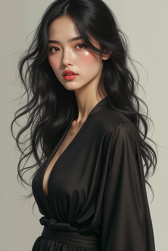 Best Quality, photorealistic, ultra-detailed, finely detailed, high resolution, perfect dynamic composition, sharp-focus, 1 girl, long black hair, wavy hair, sexy lips, shinny skin, blue shirt, sleeveless, pose like a model, 8k, UHD