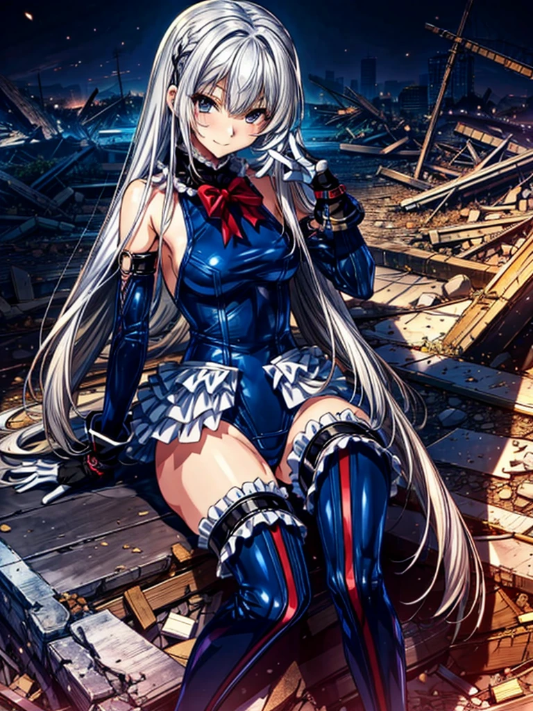 Perfect Anatomy, Highest quality, marirose,Wicked Smile,Provocative attitude
,(Girls greet dawn on a pile of rubble:1.1),Wicked Smile,Anime Style,(Frilled swimsuit, Knee socks, Removed sleeve), (Anime Style:1.4) ,
Silver Hair,(White fingers:1.1,Black gloves),Very long hair,Evil Aura,