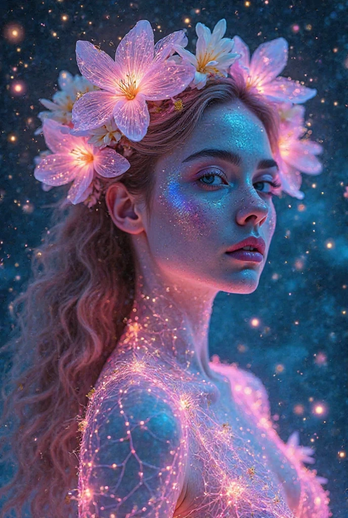 Pictures of women with long hair，A flower in his hair, Transparent body，Energetic posture，advanced technologies，laser，Milky Way Galaxy background，cosmic energy，sci fi art，concept-art，A futuristic，neon colored,