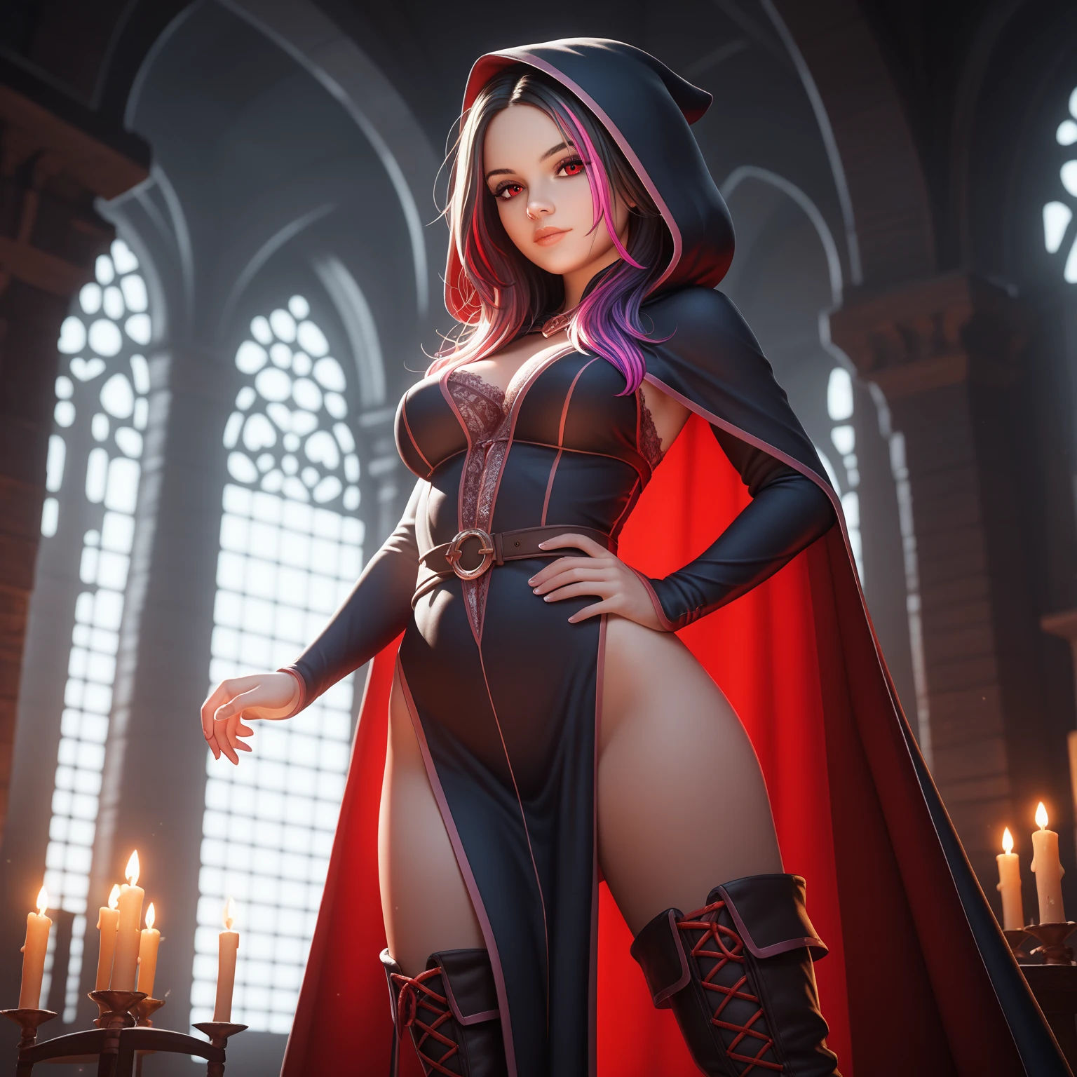 Final Fantasy style, pixelated, character, cartoon, half vampire woman, RPG character, legendary heroine, 2D isometric game art, masterpiece, super detail, digital quality at best, red hair, black cape and hood , red eye, bandage and bandages on the face.