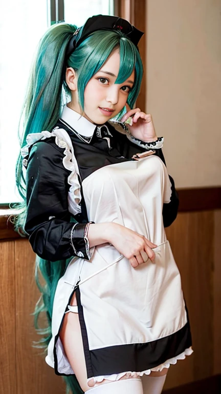 photo with vivid colors, darkgreen hair woman, dressed as sexy costume maid whie and black