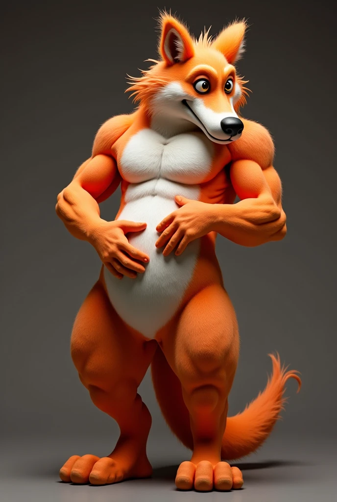 A very obese male red fox、Upright Pose、Face facing up、The face of a barking red fox、Anime-style crimson eyes、very developed muscles、Hugely swollen lower abdomen as if pregnant、Hugely bulging crotch loincloth、Brown loincloth、Wide open mouth expression、A body that fills the screen、In a very dirty room、Rubble background、Composition looking up from below