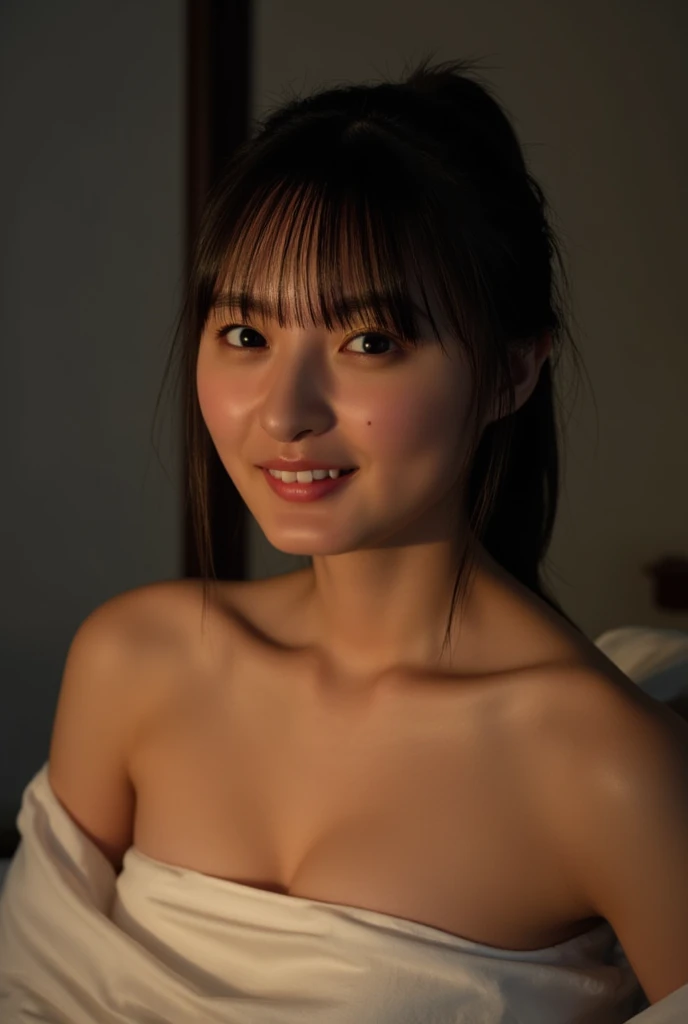1girl, extremely cute face, Amazing face and eyes, (highly detailed eyes, highly detailed face), Fresh, very clean appearance, (hyper-realistic, hight resolution), (best Quality:1.4), Raw photo, (Realistic, Photorealsitic:1.37), Professional Photography, Cinematic Light, (floral pattern yukata:1.25), (amazing big breasts:1.1), (open yukata), (bare shoulders), (nape of the neck:1.5), Smile slightly, (Lying in the futon and staring at me:1.5), Bedroom, futon, pillow, floral patterned screens, relaxing, lantern light, candle light,