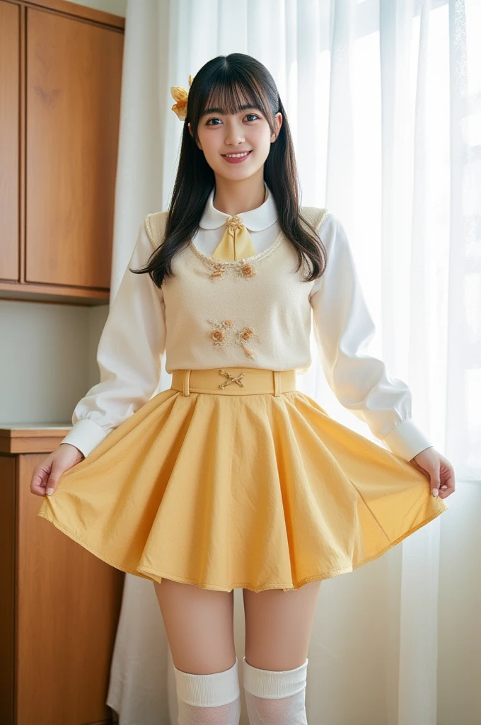 ,1 girl,Black_bow,Black_collar,bow,breast,Brown_bow,Brown_Eye,Brown_hair,collar,earrings,hair_bow,jewelry,lips,long_hair,watching_exist_audience,pleexisted_skirt,actual,School_uniform,shirt,sitting,skirt,alone,yellow_bow,yellow_skirt,huge breast,charming,watching into camera,Show cleavage,v collar,super sexy
