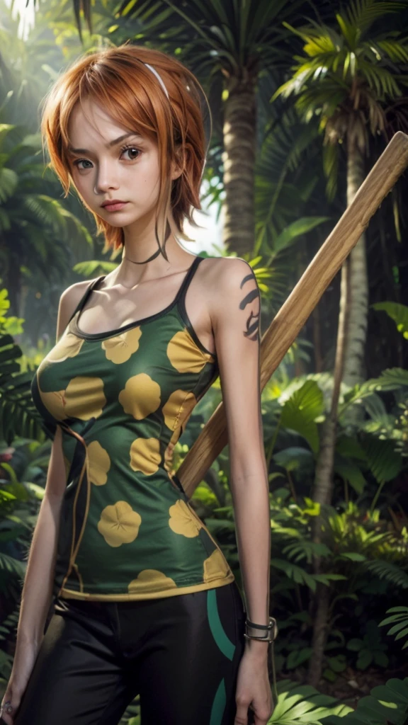 (masterpiece), best quality, expressive eyes, perfect face, (deep jungle background), (standing), (smirk), (cleavage view), (1girl, 18 years old, Nami (one piece), fair skin, orange hair, brown eyes, hourglass figure, thin body, skinny body, petite_body, large breasts, huge breasts, oppai, large cleavage, wide hips, thick thighs), (nami (one piece), nami strong world clothes, short hair, pigtails, left shoulder tattoo, exposed cleavage, rastafari flag pattern shirt, (red, yellow, and green striped pattern shirt), red strap shirt, red strap shirt, red strap shirt, rastafari, rastafari pattern, rastafari colors, sleeveless, croptop, bracelet, minishorts, black shorts),