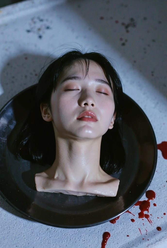 Several decapitated heads of beautiful women, on a table, in a public market, full of blood, blood flowing, ((eyes closed)), bleeding, photorealistic, 4K, Nikon, horror, public market, beautiful asian face, wrapped plastic,
