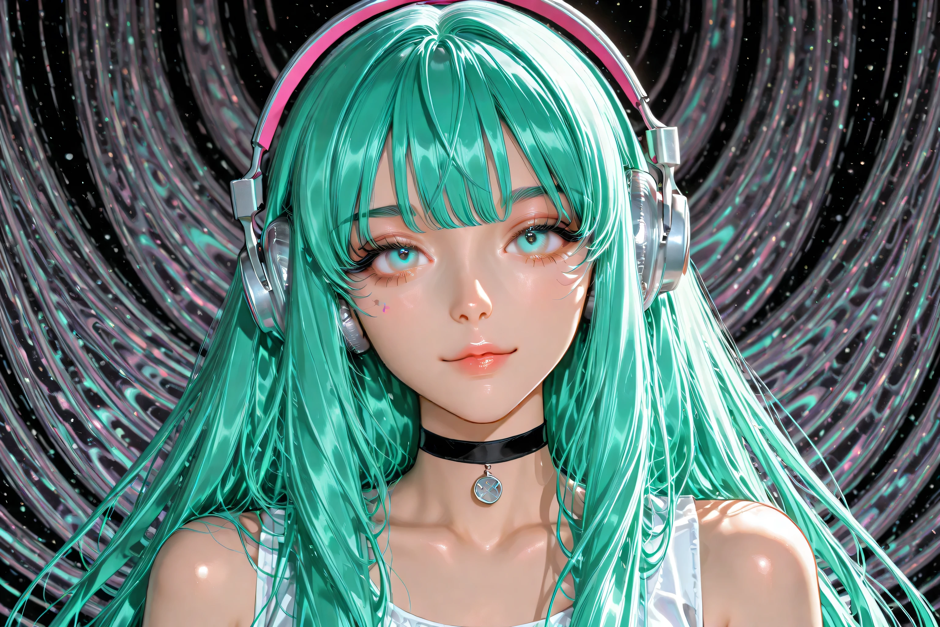 high resolution、Super Detail、1girls naked、complicated details、 depth field、natural light、professional lighting、colorful and vibrant background、blue-green long teal hair、pink headband with bangs、large silver headphones、wears a sleeveless white top with a pink and black choker and armband、uncorrected、top quality、accurate human body design drawing、perfect anatomy、 hand-drawn illustration、 crayon art 、Abstract Patterns、 cute anime
